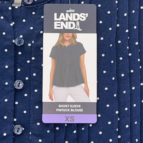 Lands’ End Navy Blue White Polka Dot Pintuck Blouse Classic Casual Preppy XS NWT - Picture 3 of 8